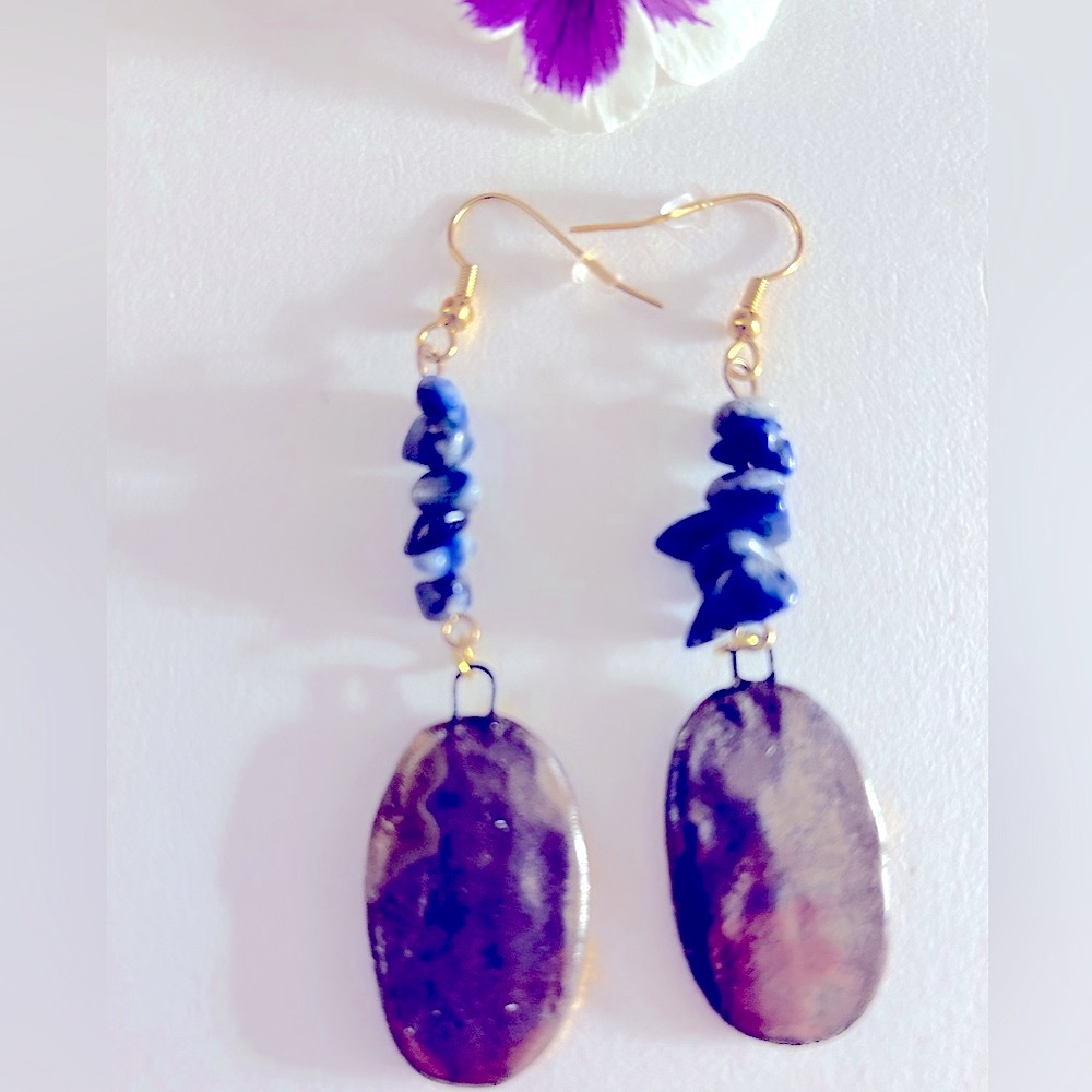 Earrings NWOT Artisan Naughty Victorian Ladies Ceramic Sodalite stone 3” pierced - Picture 10 of 11